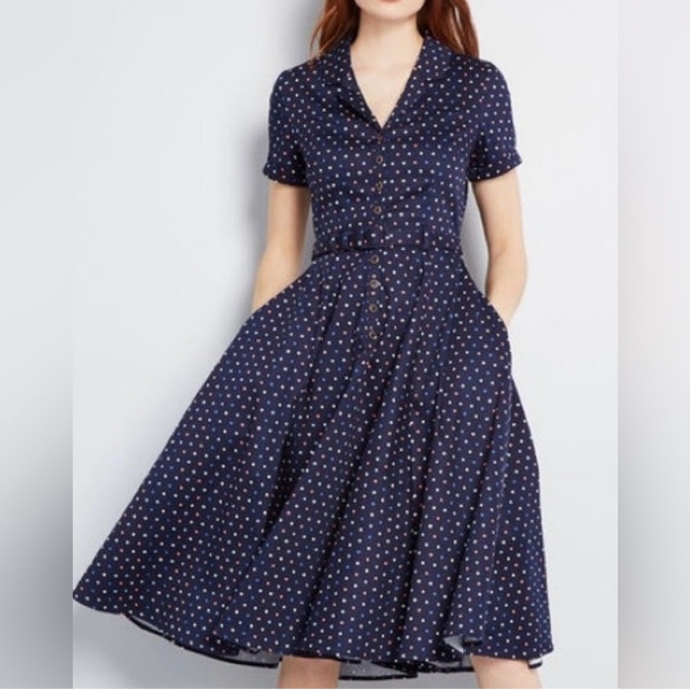 Collectif X Modcloth Navy Polka Dot Midi Dress-S-UK 10-with belt and pockets!